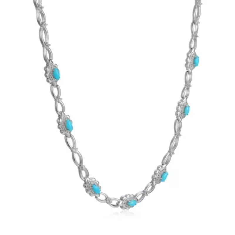Genuine Turquoise and White Topaz Necklace in Rhodium Plated Sterling Silver