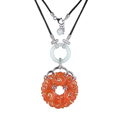 Carved Dyed Red Jade Medallion Pendant With Green Jade And Cubic Zirconia In Rhodium Plated Sterling Silver On 25" Black Silk Cord