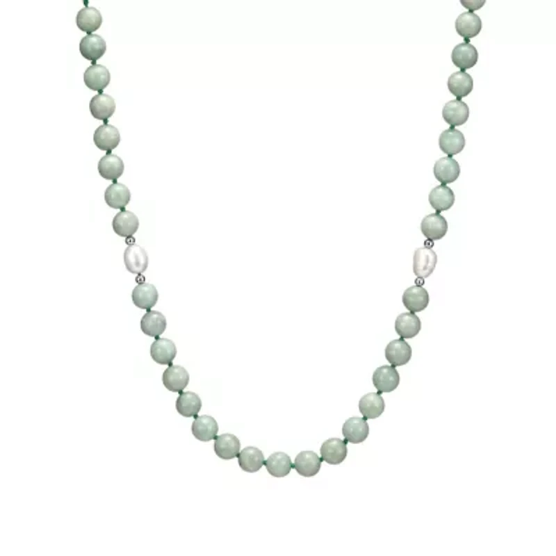 Genuine Green Jade and White Pearl Bead Necklace in Rhodium-plated Sterling Silver