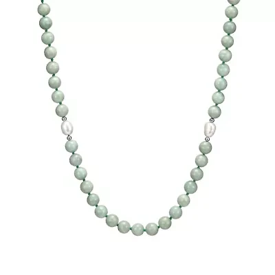 Genuine Green Jade and White Pearl Bead Necklace in Rhodium-plated Sterling Silver