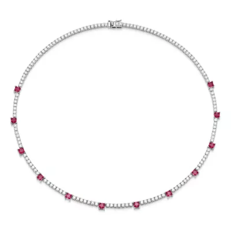 Lab Created Rhodium Plated Sterling Silver Women's Created Ruby and Moissanite Tennis Necklace