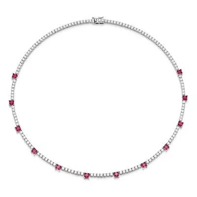 Lab Created Rhodium Plated Sterling Silver Women's Created Ruby and Moissanite Tennis Necklace