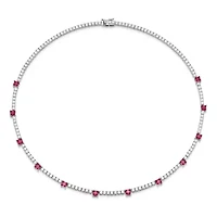 Lab Created Rhodium Plated Sterling Silver Women's Created Ruby and Moissanite Tennis Necklace
