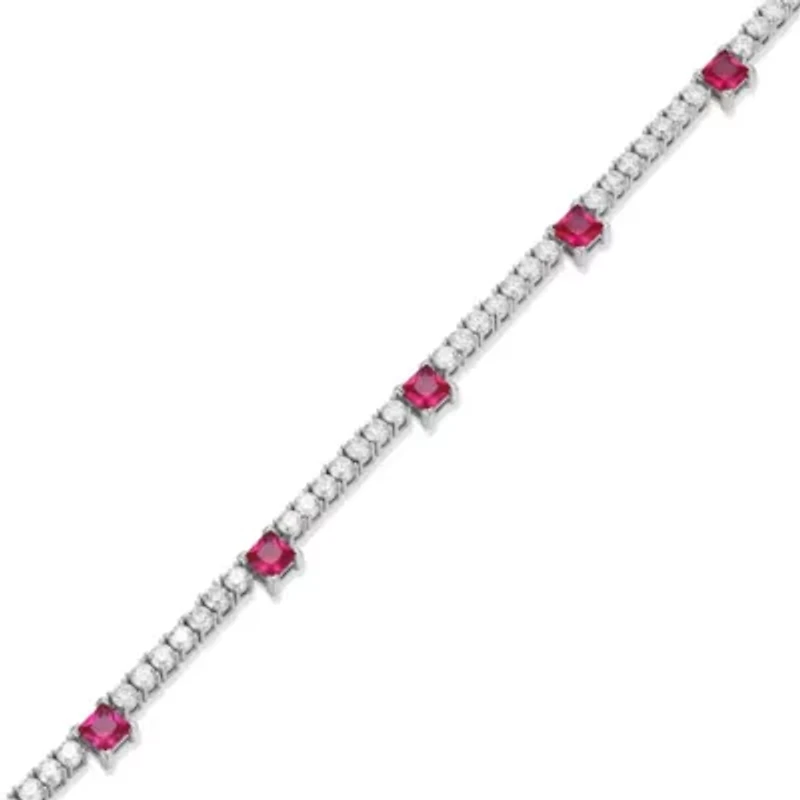 Lab Created Rhodium Plated Sterling Silver Women's Created Ruby and Moissanite Tennis Necklace