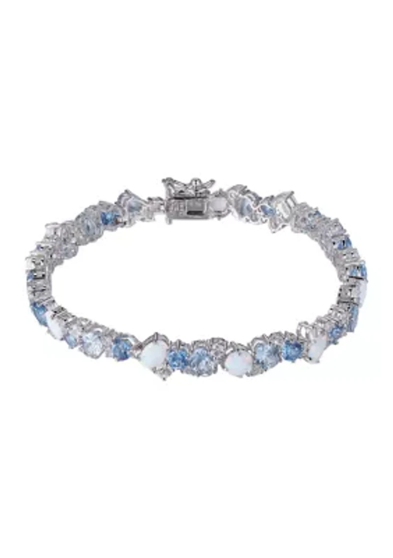 Created Spinel, Opal and White Sapphire Cluster Tennis Bracelet in Rhodium Plated Sterling Silver