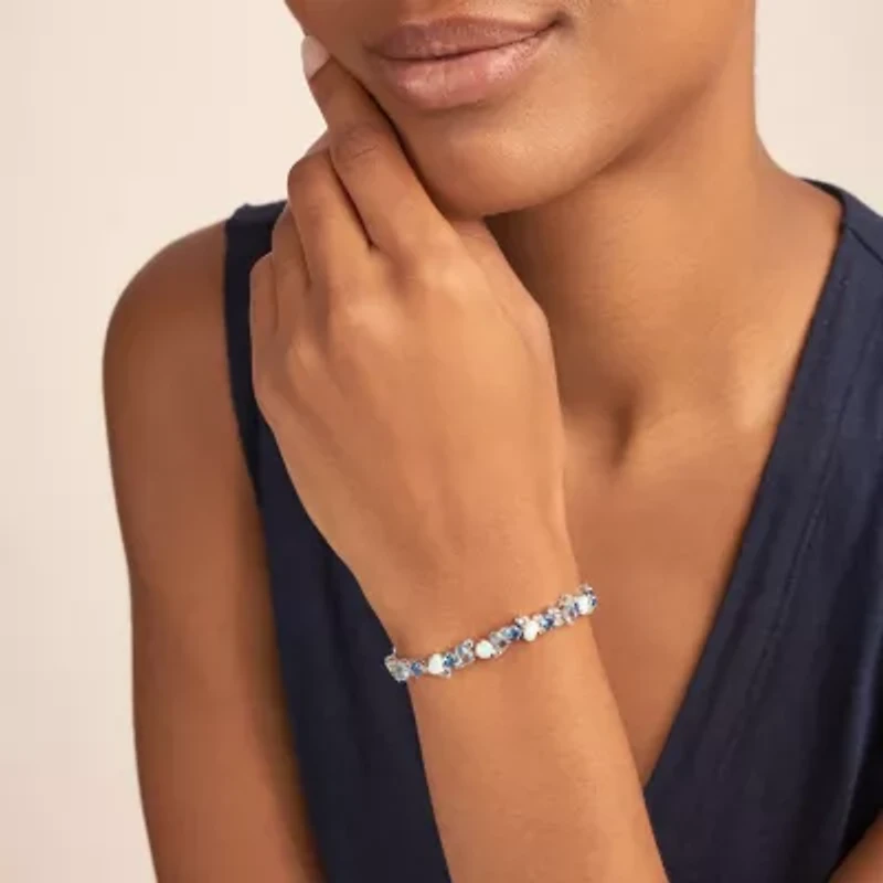 Created Spinel, Opal and White Sapphire Cluster Tennis Bracelet in Rhodium Plated Sterling Silver