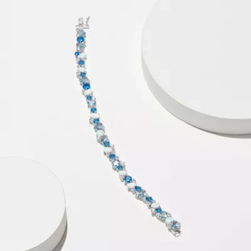 Created Spinel, Opal and White Sapphire Cluster Tennis Bracelet in Rhodium Plated Sterling Silver