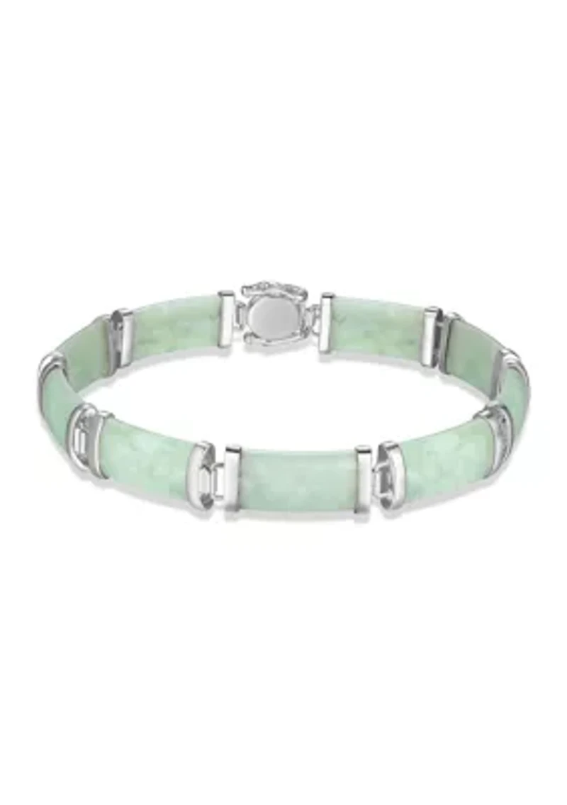 Rhodium Plated Sterling Silver Jade "Good Fortune" Link Bar Bracelet 7.5"