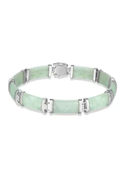 Rhodium Plated Sterling Silver Jade "Good Fortune" Link Bar Bracelet 7.5"