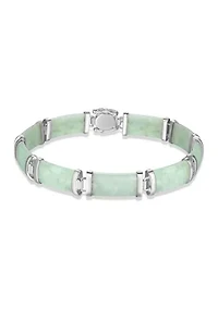 Rhodium Plated Sterling Silver Jade "Good Fortune" Link Bar Bracelet 7.5"