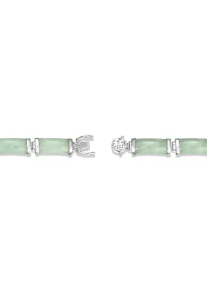 Rhodium Plated Sterling Silver Jade "Good Fortune" Link Bar Bracelet 7.5"