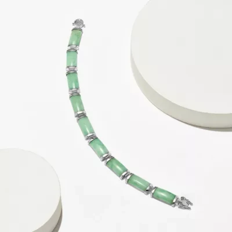 Rhodium Plated Sterling Silver Jade "Good Fortune" Link Bar Bracelet 7.5"