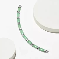 Rhodium Plated Sterling Silver Jade "Good Fortune" Link Bar Bracelet 7.5"