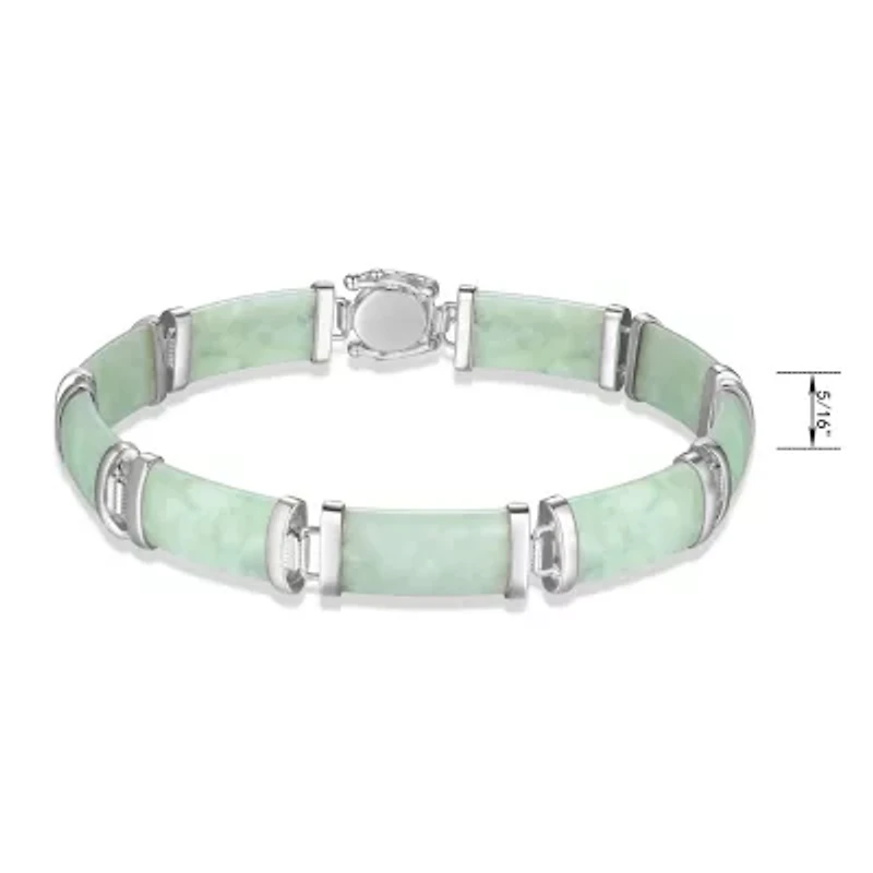 Rhodium Plated Sterling Silver Jade "Good Fortune" Link Bar Bracelet 7.5"
