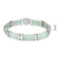 Rhodium Plated Sterling Silver Jade "Good Fortune" Link Bar Bracelet 7.5"
