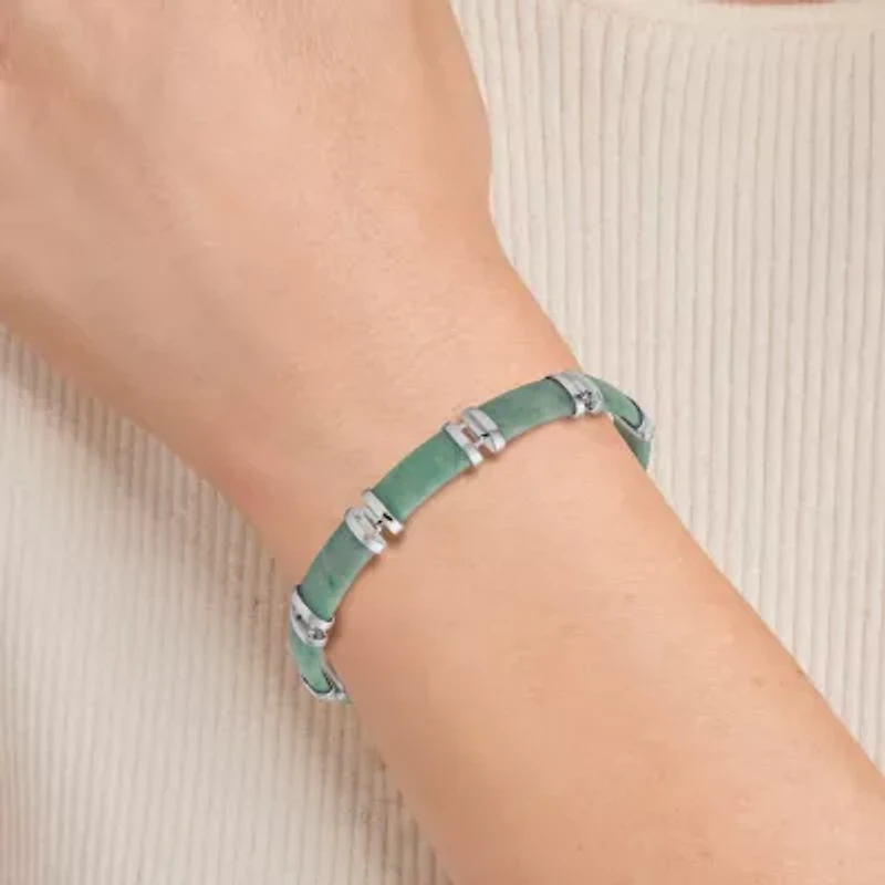 Rhodium Plated Sterling Silver Jade "Good Fortune" Link Bar Bracelet 7.5"