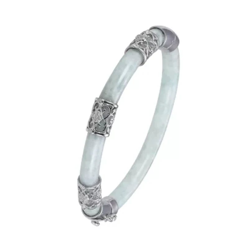 Genuine Green Jade Carved Bangle Bracelet with 1/10 cttw Diamonds in Rhodium-Plated Sterling Silver