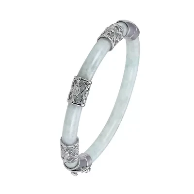 Genuine Green Jade Carved Bangle Bracelet with 1/10 cttw Diamonds in Rhodium-Plated Sterling Silver