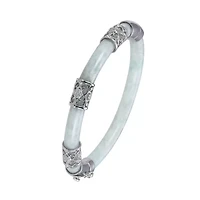 Genuine Green Jade Carved Bangle Bracelet with 1/10 cttw Diamonds in Rhodium-Plated Sterling Silver