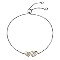 Lab Created 0.25CT TW Diamond Double Heart Bolo Bracelet In Rhodium Plated Sterling Silver