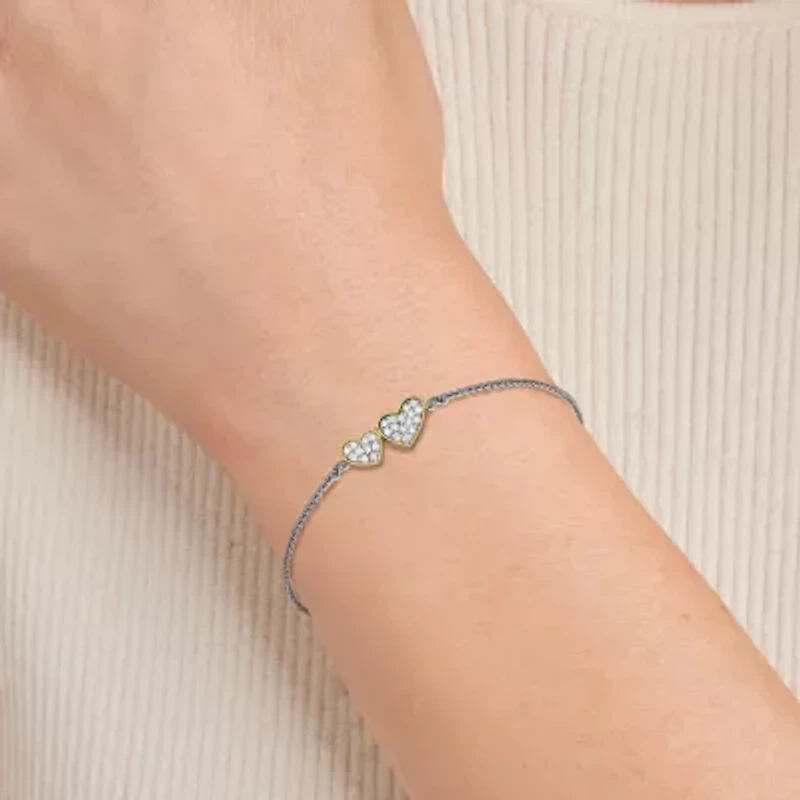 Lab Created 0.25CT TW Diamond Double Heart Bolo Bracelet In Rhodium Plated Sterling Silver