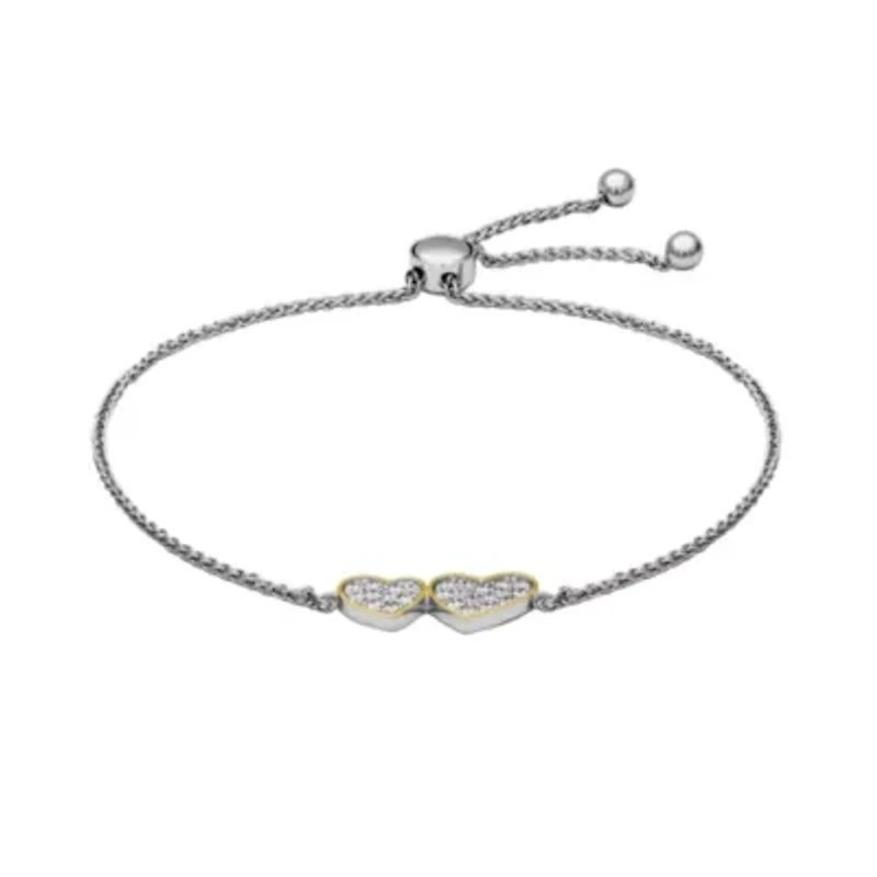 Lab Created 0.25CT TW Diamond Double Heart Bolo Bracelet In Rhodium Plated Sterling Silver
