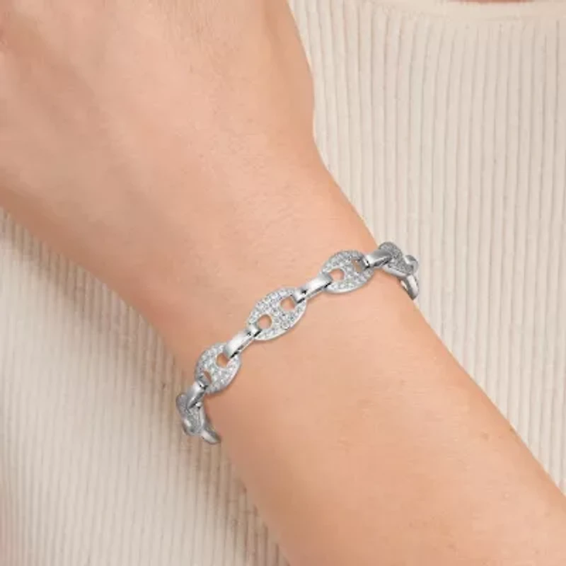 Lab Created Rhodium Plated Sterling Silver Women's Created Moissanite Pavé Oval Link Bracelet