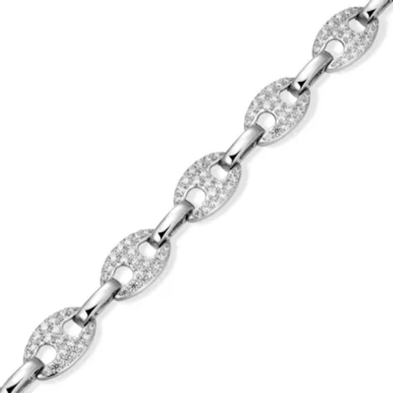 Lab Created Rhodium Plated Sterling Silver Women's Created Moissanite Pavé Oval Link Bracelet