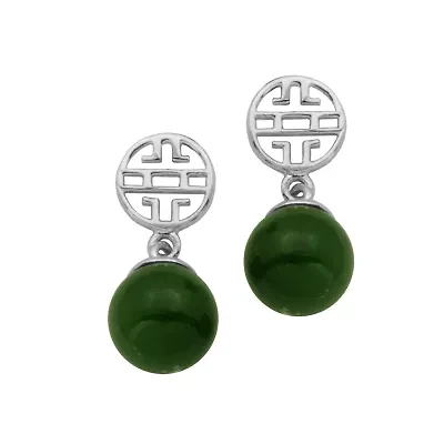 Genuine Nephrite Jade Bead Drop Earrings In Sterling Silver