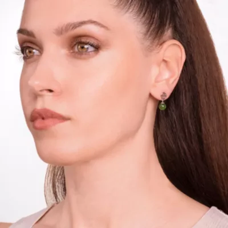 Genuine Nephrite Jade Bead Drop Earrings In Sterling Silver