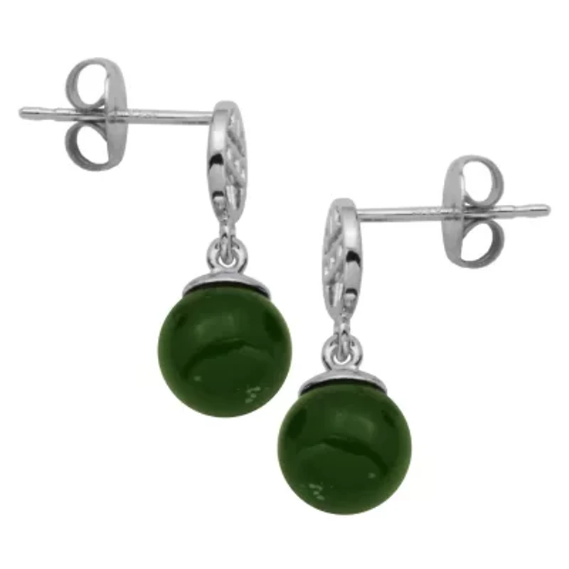 Genuine Nephrite Jade Bead Drop Earrings In Sterling Silver