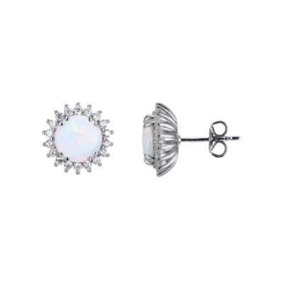 Lab Created Round Created Opal Halo Earrings in Rhodium-plated Sterling Silver