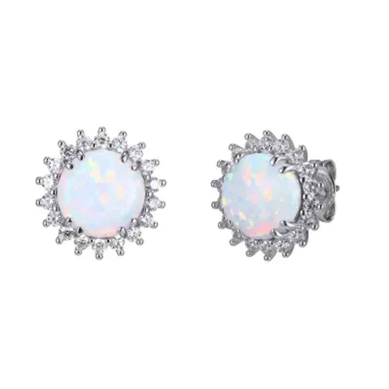 Lab Created Round Created Opal Halo Earrings in Rhodium-plated Sterling Silver