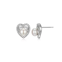White Pearl And CZ Heart Earrings In Rhodium Plated Sterling Silver