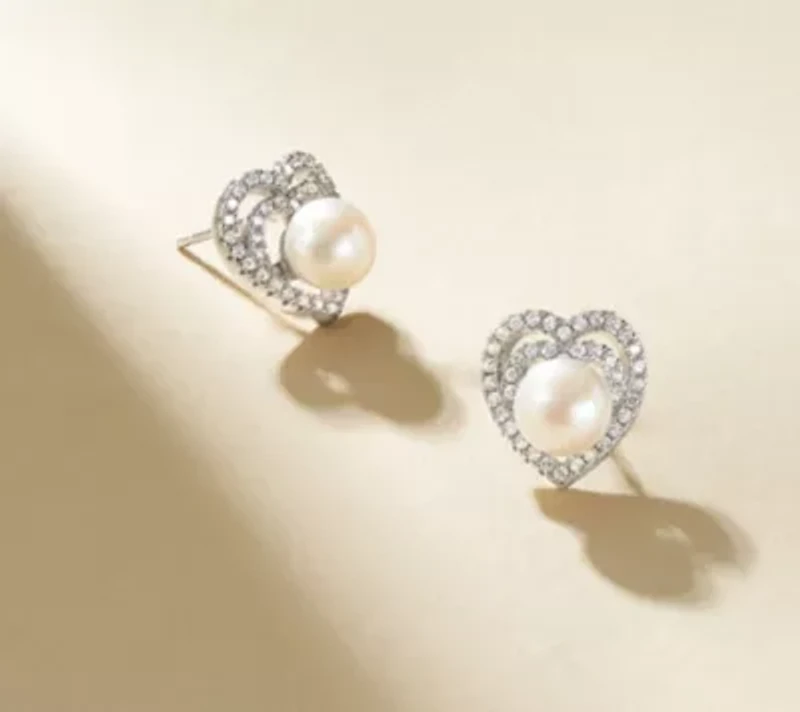 White Pearl And CZ Heart Earrings In Rhodium Plated Sterling Silver