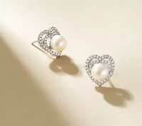 White Pearl And CZ Heart Earrings In Rhodium Plated Sterling Silver