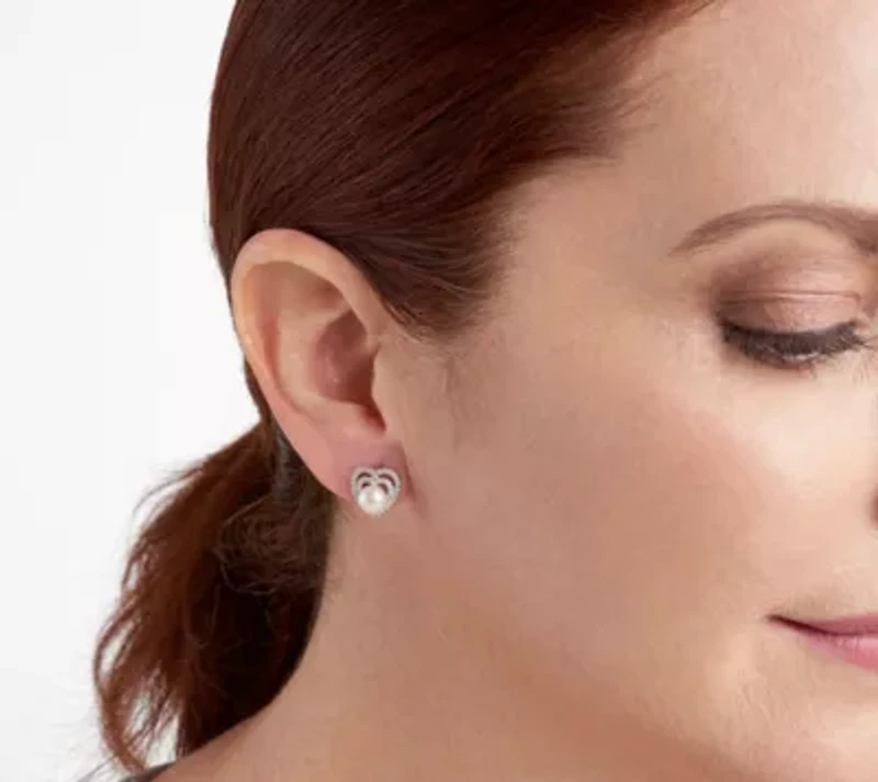 White Pearl And CZ Heart Earrings In Rhodium Plated Sterling Silver