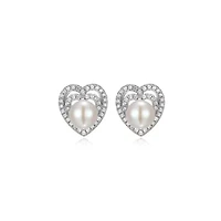 White Pearl And CZ Heart Earrings In Rhodium Plated Sterling Silver