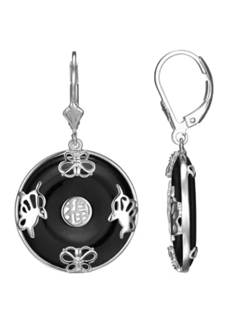 Black Onyx Circle Leverback Earrings Rhodium or 18K Gold Plated Sterling Silver