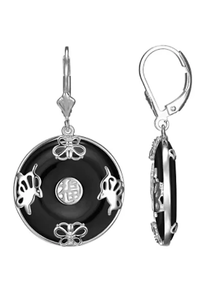 Black Onyx Circle Leverback Earrings Rhodium or 18K Gold Plated Sterling Silver