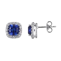 Lab Created Created Blue Sapphire Cushion Earrings in Rhodium-plated Sterling Silver