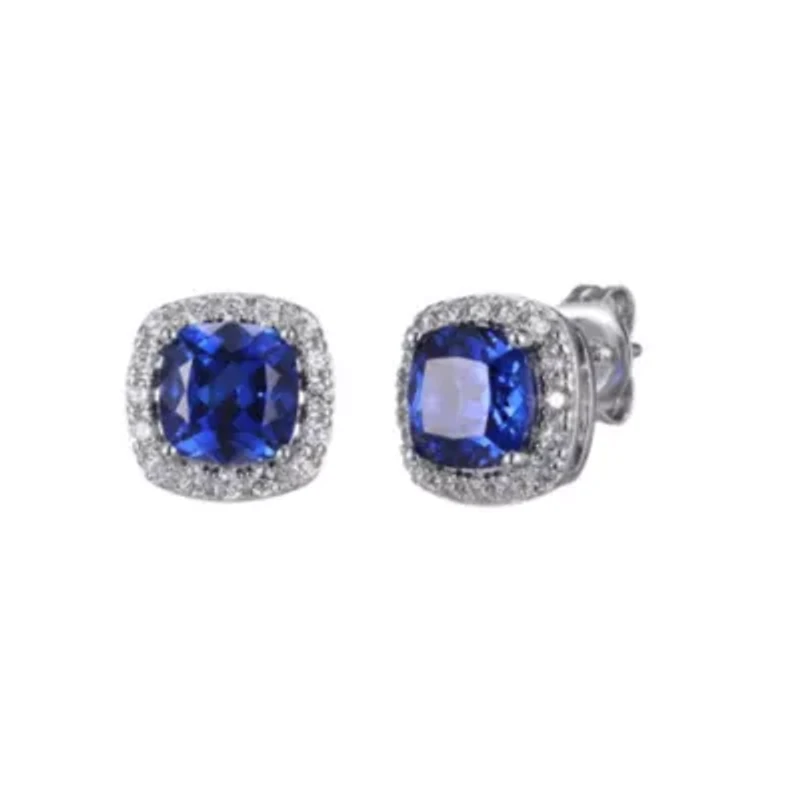 Lab Created Created Blue Sapphire Cushion Earrings in Rhodium-plated Sterling Silver