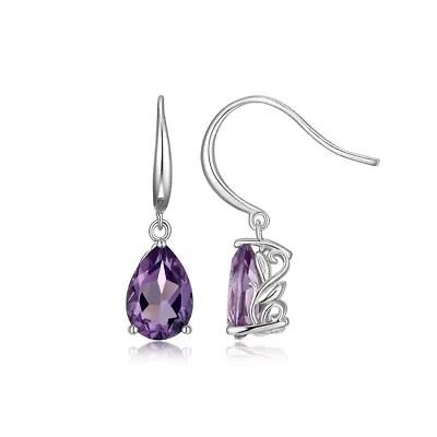 Rhodium Plated Sterling Silver Women's Genuine Amethyst Drop Earrings