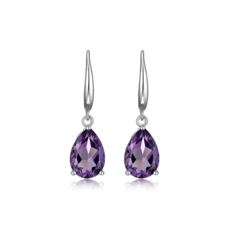 Rhodium Plated Sterling Silver Women's Genuine Amethyst Drop Earrings