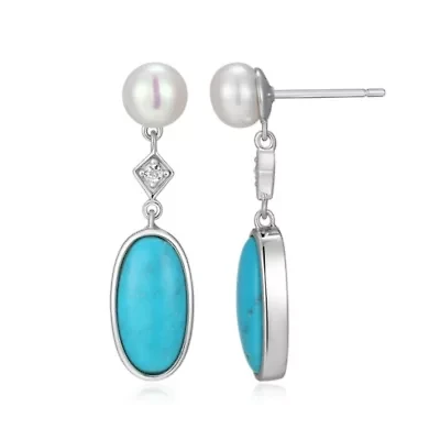 Genuine Turquoise, Pearl, and White Topaz Drop Earring in Rhodium Plated Sterling Silver
