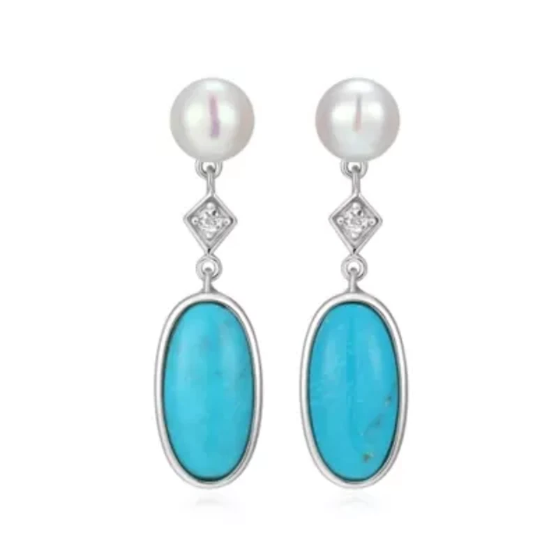 Genuine Turquoise, Pearl, and White Topaz Drop Earring in Rhodium Plated Sterling Silver