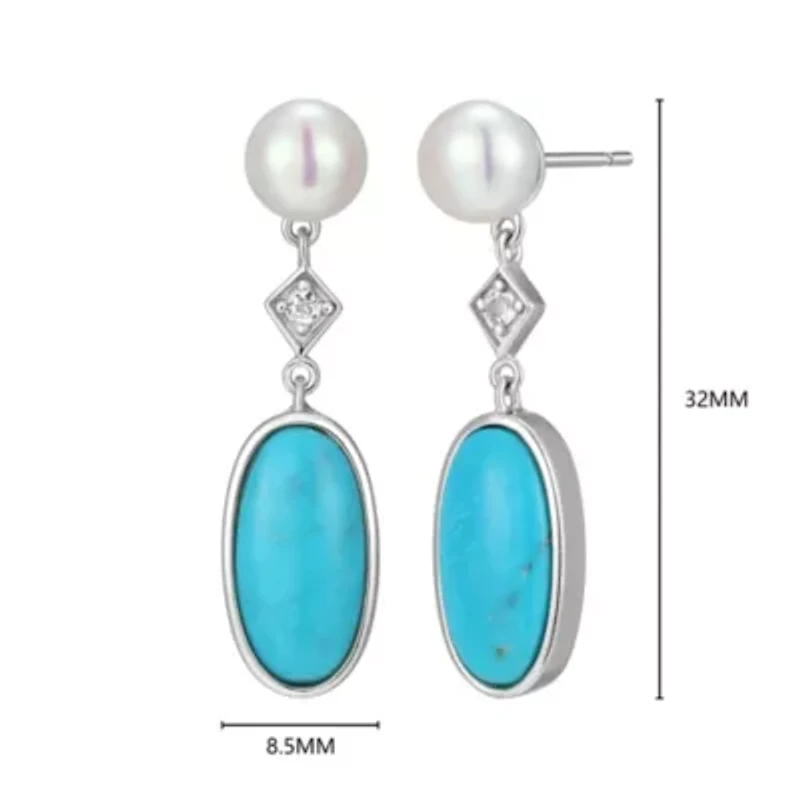 Genuine Turquoise, Pearl, and White Topaz Drop Earring in Rhodium Plated Sterling Silver