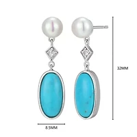 Genuine Turquoise, Pearl, and White Topaz Drop Earring in Rhodium Plated Sterling Silver
