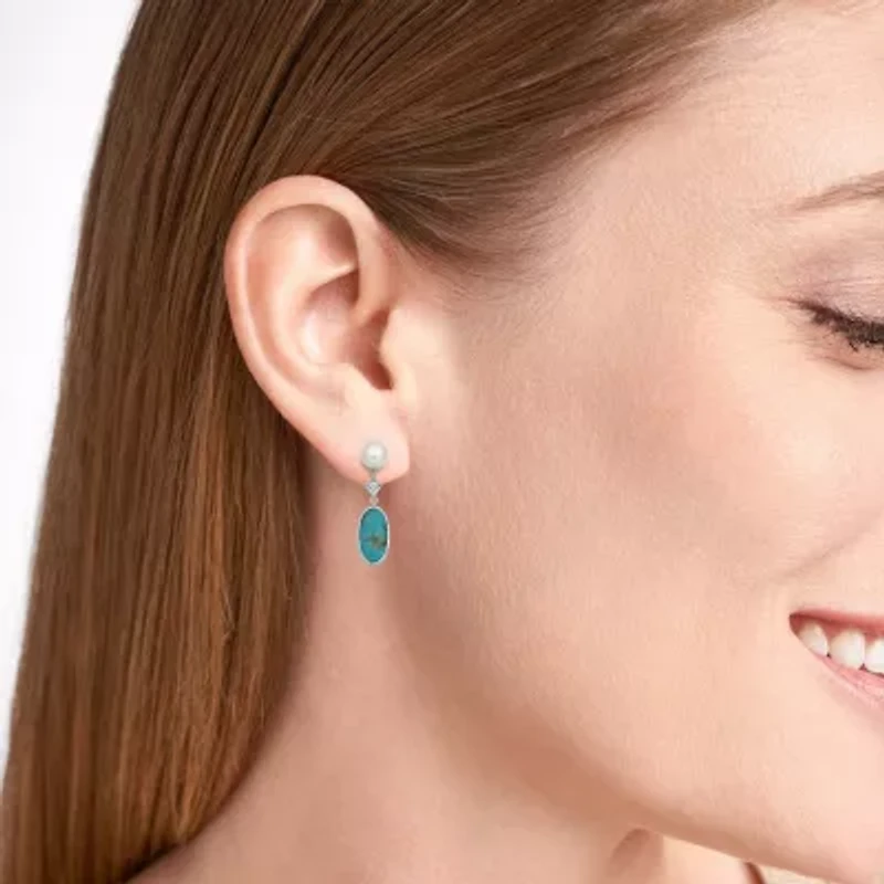 Genuine Turquoise, Pearl, and White Topaz Drop Earring in Rhodium Plated Sterling Silver