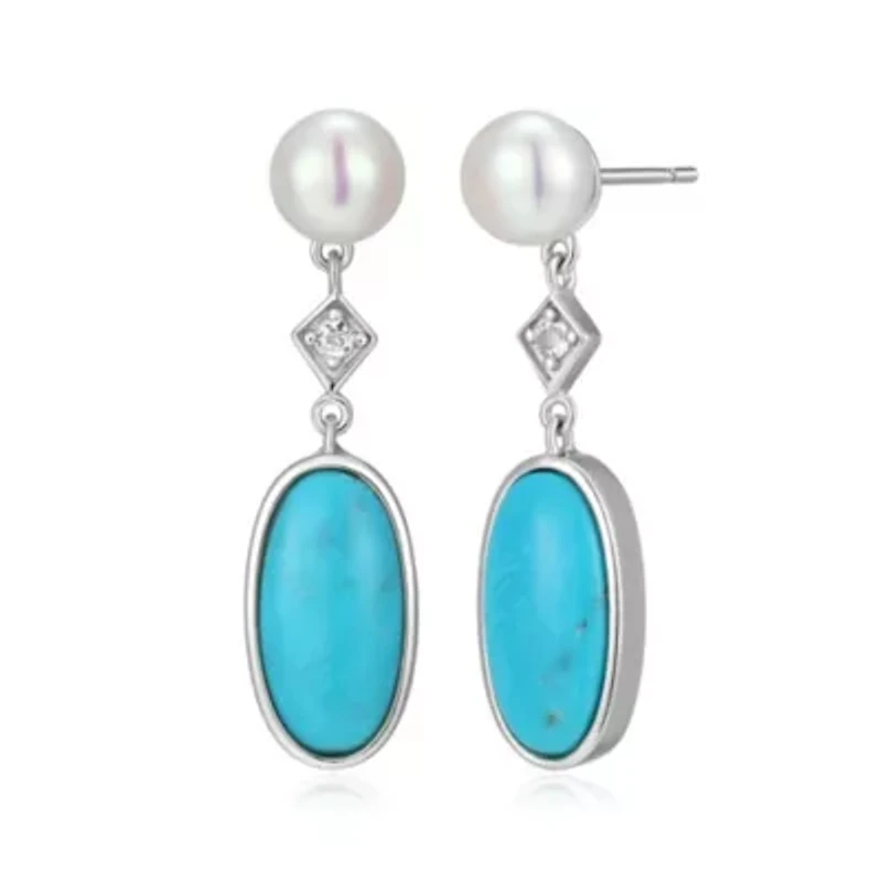 Genuine Turquoise, Pearl, and White Topaz Drop Earring in Rhodium Plated Sterling Silver